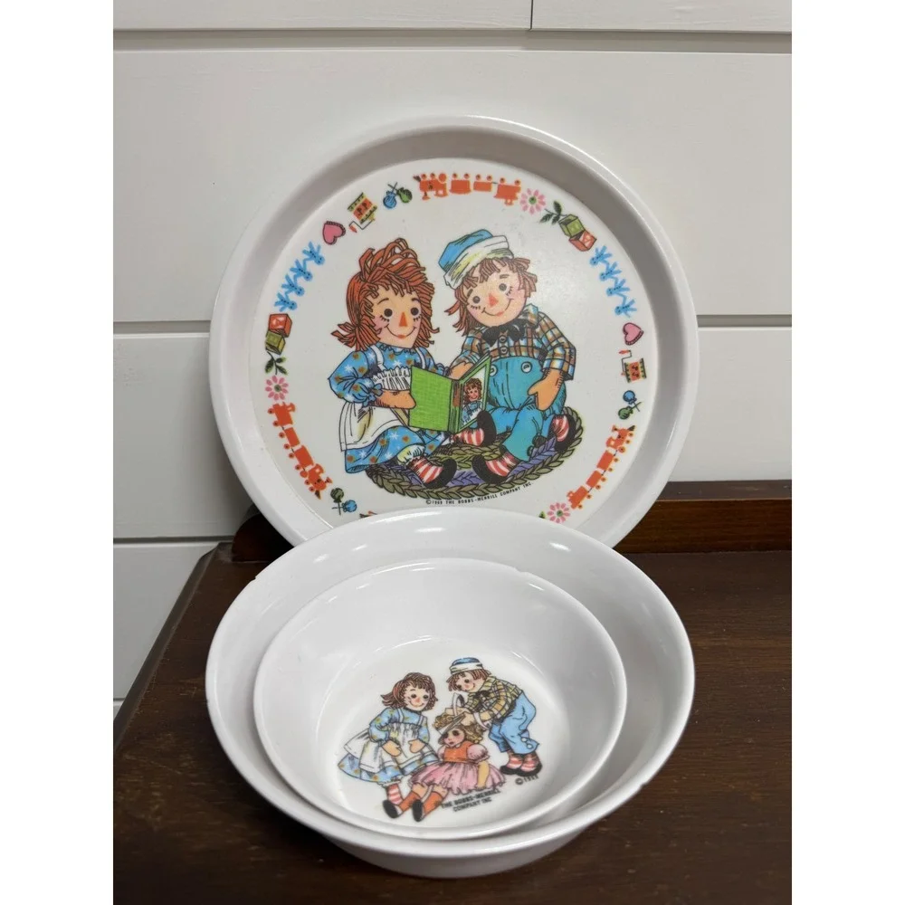 Vintage Raggedy Ann and Andy Melamine Plate and Bowl Set 1969 Bobbs-Merrill